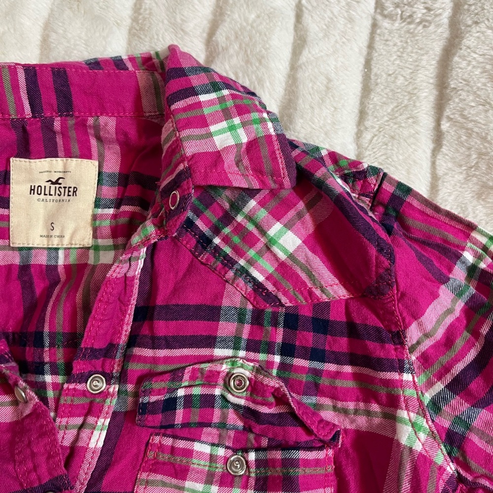 Hollister S Pink Green Plaid Snap Close Spring Preppy Shirt School Y2K Coded